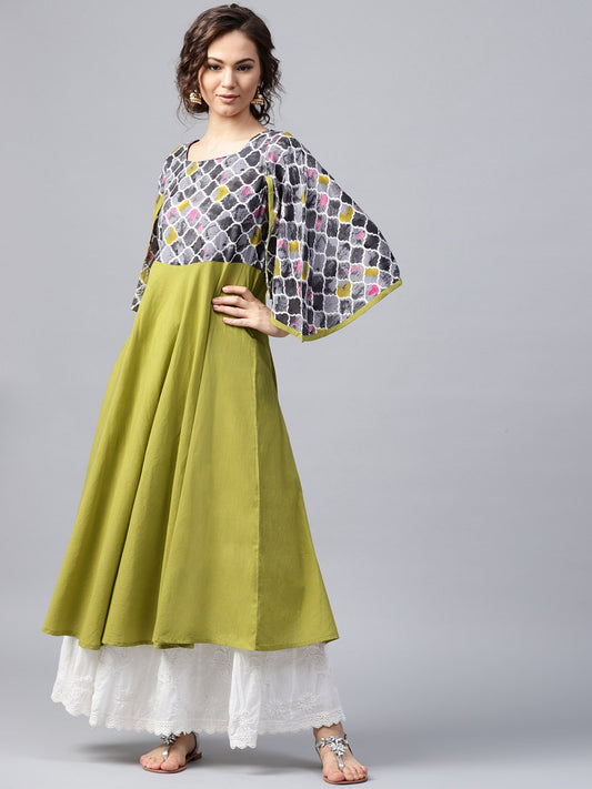 Green 3/4Th Sleeve Cotton Anarkali Kurta With Yoke Printed | LASVINI - Redefining Indian Fashion with Elegance