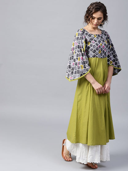 Green 3/4Th Sleeve Cotton Anarkali Kurta With Yoke Printed | LASVINI - Redefining Indian Fashion with Elegance