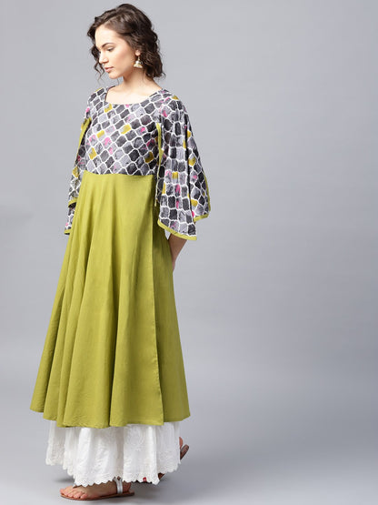 Green 3/4Th Sleeve Cotton Anarkali Kurta With Yoke Printed | LASVINI - Redefining Indian Fashion with Elegance