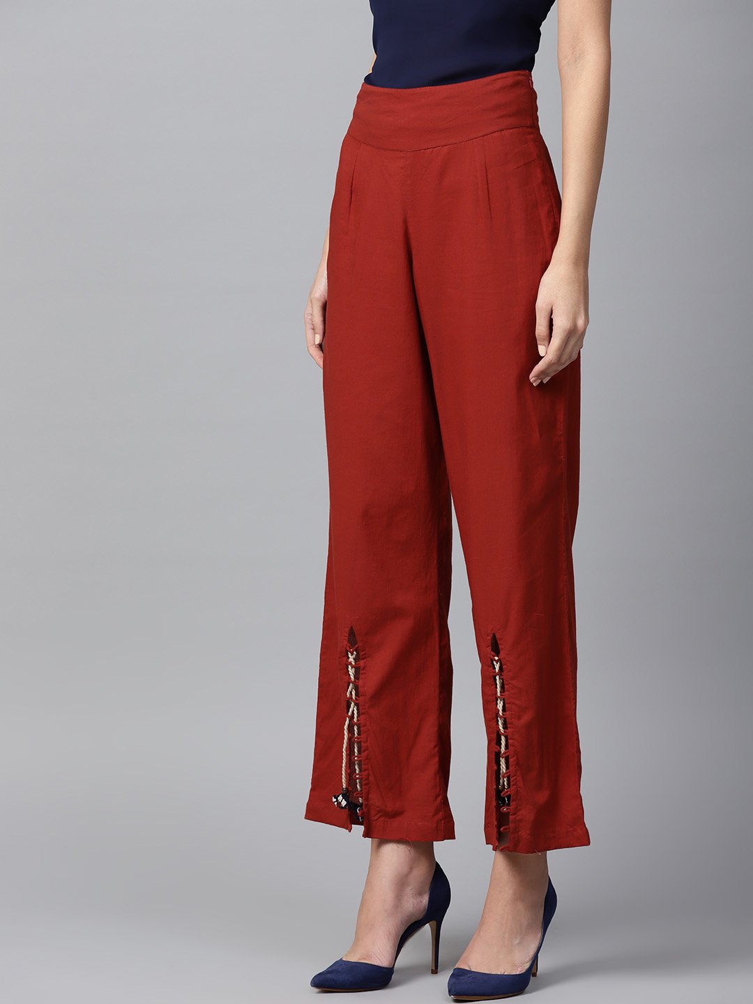 Red Cotton Straight Fit Palazzo | LASVINI - Redefining Indian Fashion with Elegance