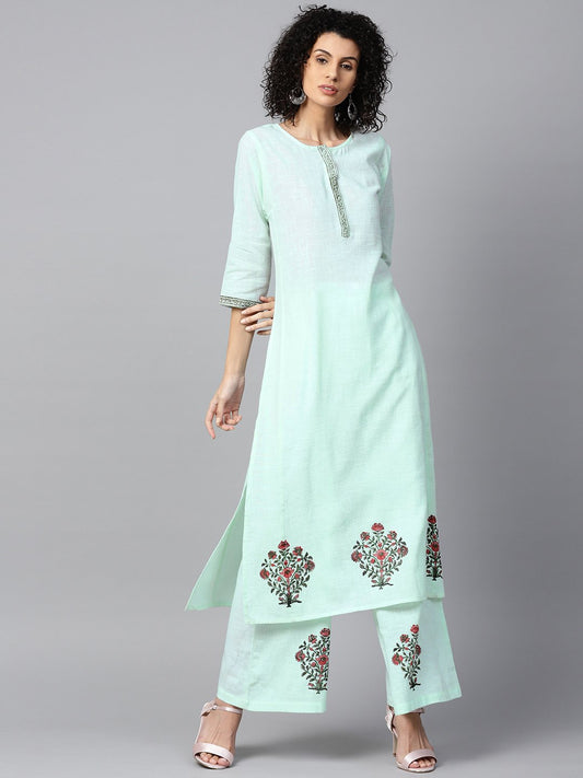 Pista Green 3/4Th Sleeve Cotton Block Printed A-Line Kurta With Flared Palazzo | LASVINI - Redefining Indian Fashion with Elegance