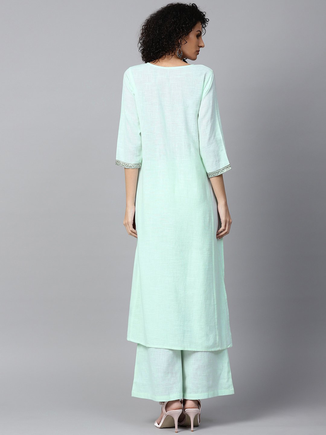 Pista Green 3/4Th Sleeve Cotton Block Printed A-Line Kurta With Flared Palazzo | LASVINI - Redefining Indian Fashion with Elegance