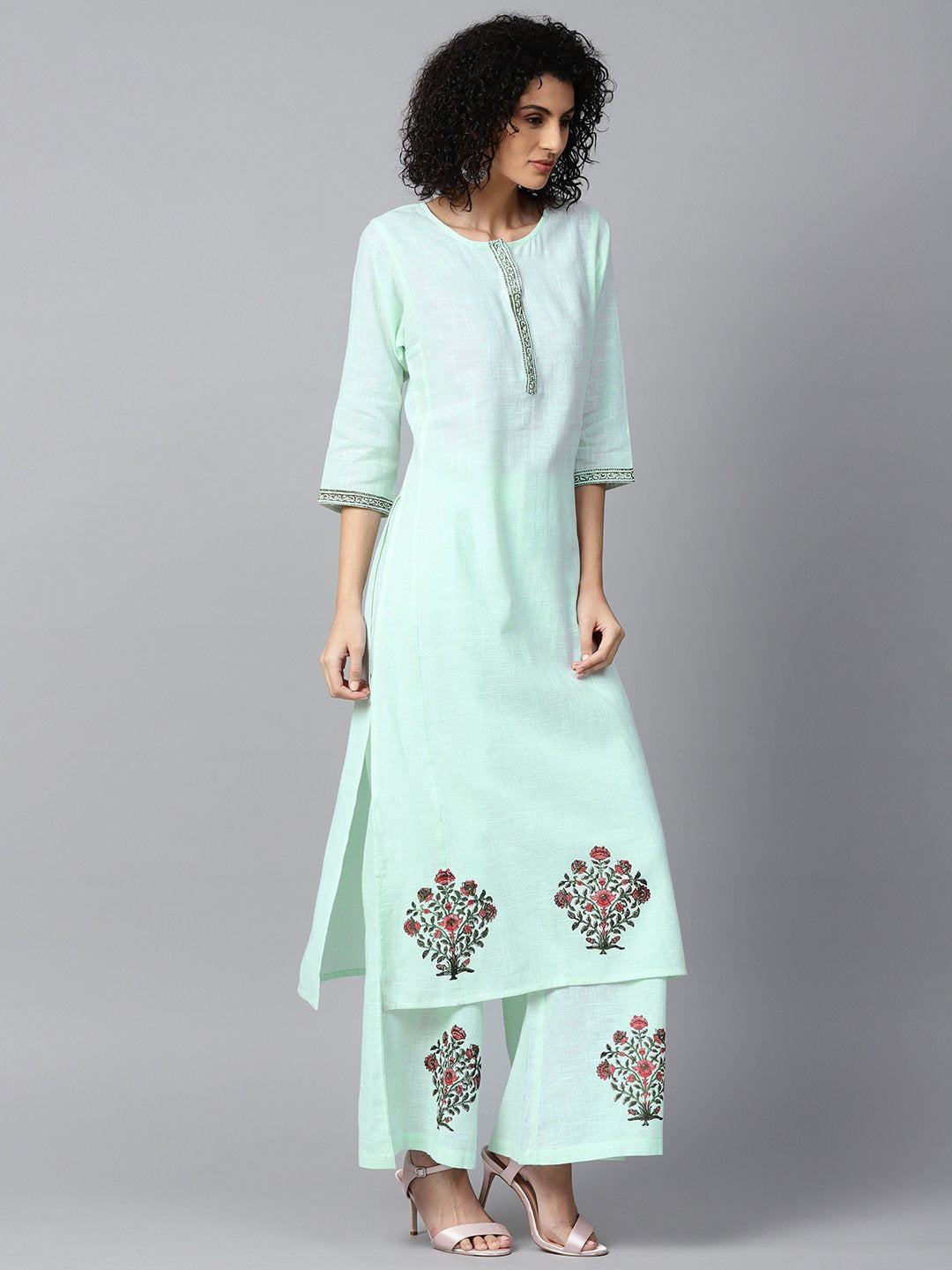 Pista Green 3/4Th Sleeve Cotton Block Printed A-Line Kurta With Flared Palazzo | LASVINI - Redefining Indian Fashion with Elegance