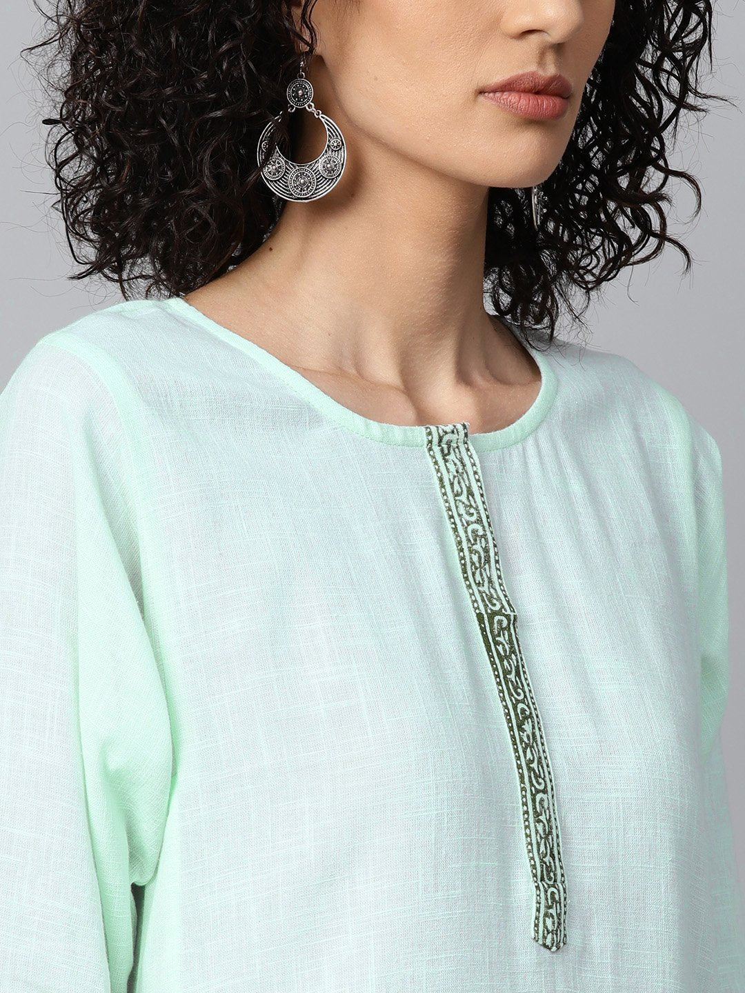 Pista Green 3/4Th Sleeve Cotton Block Printed A-Line Kurta With Flared Palazzo | LASVINI - Redefining Indian Fashion with Elegance