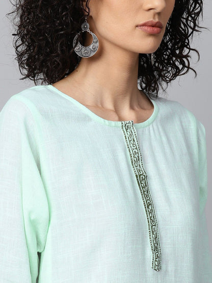 Pista Green 3/4Th Sleeve Cotton Block Printed A-Line Kurta With Flared Palazzo | LASVINI - Redefining Indian Fashion with Elegance