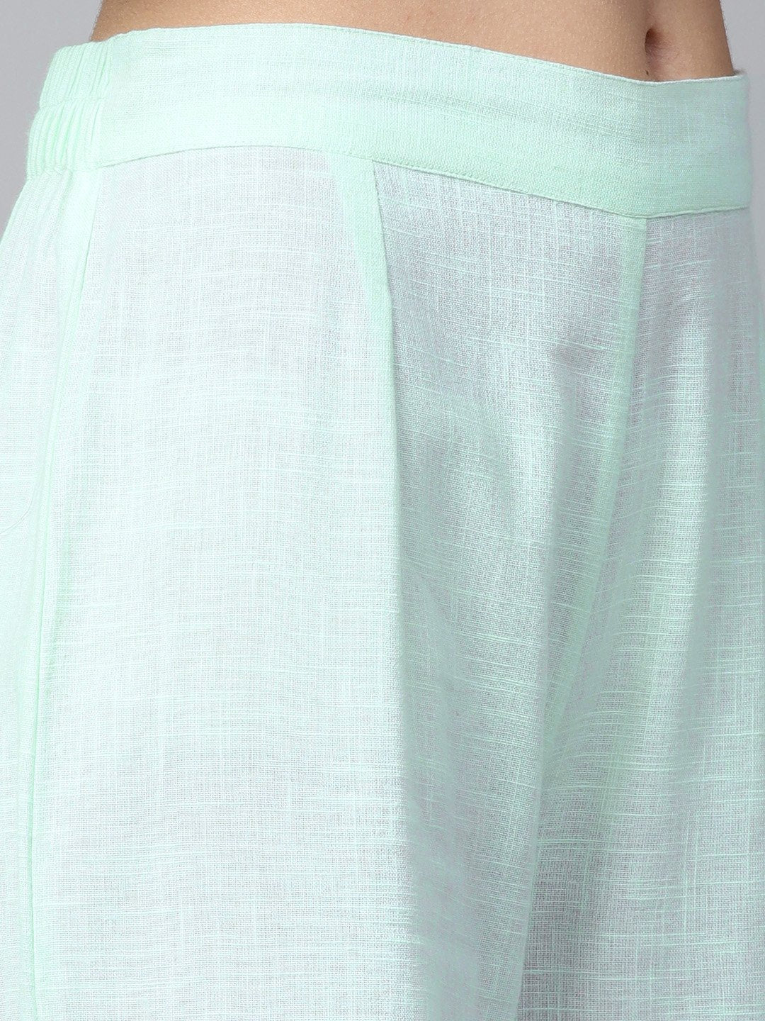 Pista Green 3/4Th Sleeve Cotton Block Printed A-Line Kurta With Flared Palazzo | LASVINI - Redefining Indian Fashion with Elegance