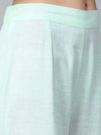 Pista Green 3/4Th Sleeve Cotton Block Printed A-Line Kurta With Flared Palazzo | LASVINI - Redefining Indian Fashion with Elegance