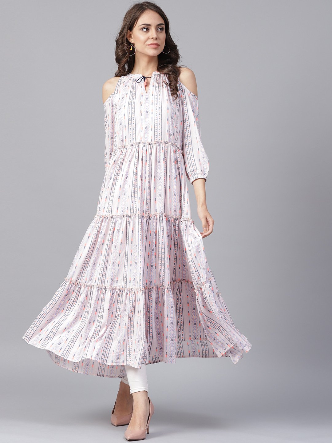 Off White Printed 3/4Th Cold Shoulder Sleeve Tiered Anarkali Kurta | LASVINI - Redefining Indian Fashion with Elegance