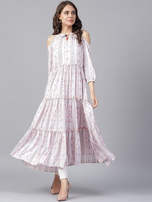 Off White Printed 3/4Th Cold Shoulder Sleeve Tiered Anarkali Kurta | LASVINI - Redefining Indian Fashion with Elegance