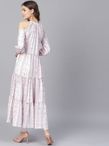 Off White Printed 3/4Th Cold Shoulder Sleeve Tiered Anarkali Kurta | LASVINI - Redefining Indian Fashion with Elegance