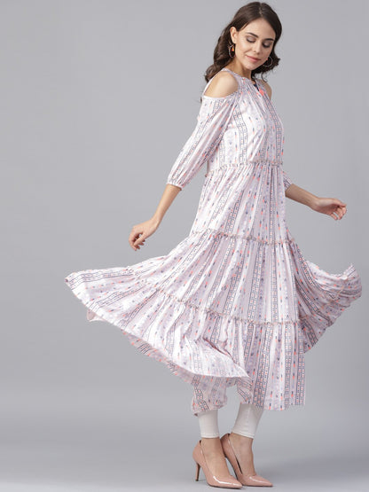 Off White Printed 3/4Th Cold Shoulder Sleeve Tiered Anarkali Kurta | LASVINI - Redefining Indian Fashion with Elegance