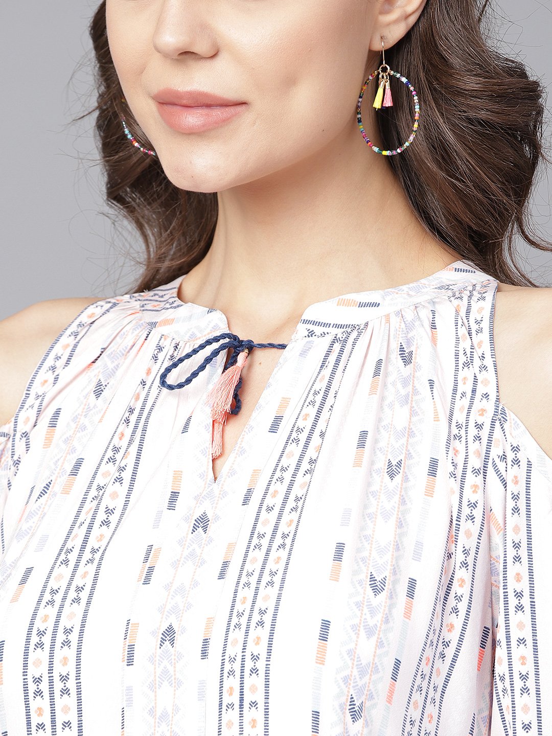 Off White Printed 3/4Th Cold Shoulder Sleeve Tiered Anarkali Kurta | LASVINI - Redefining Indian Fashion with Elegance