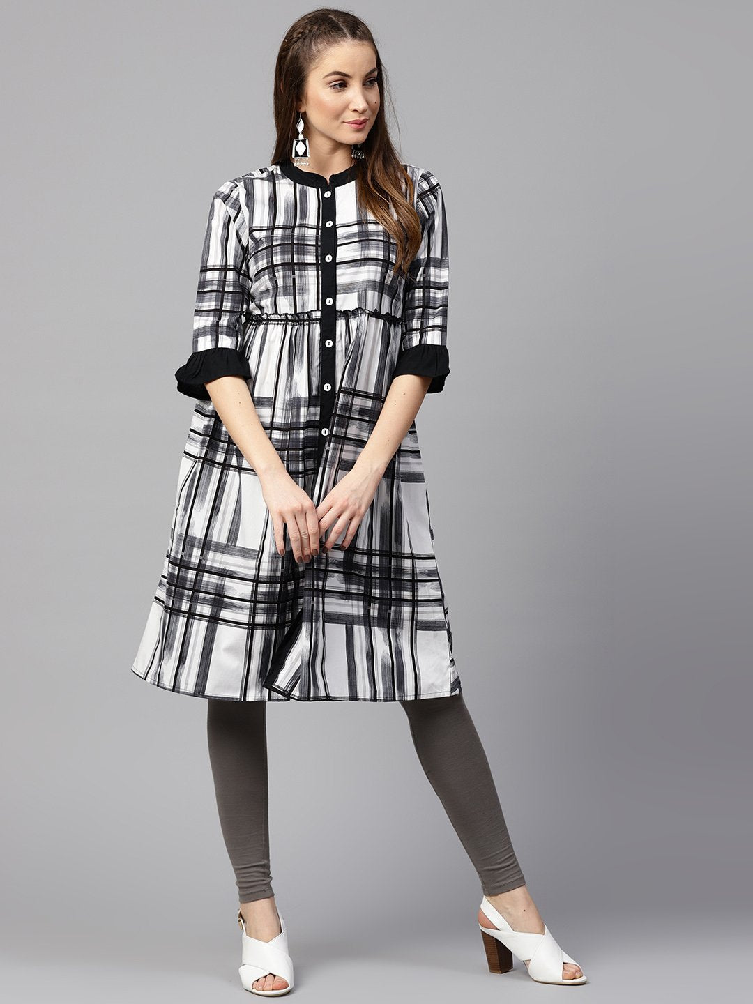 Black Check 3/4Th Sleeve Front Open Kurta | LASVINI - Redefining Indian Fashion with Elegance