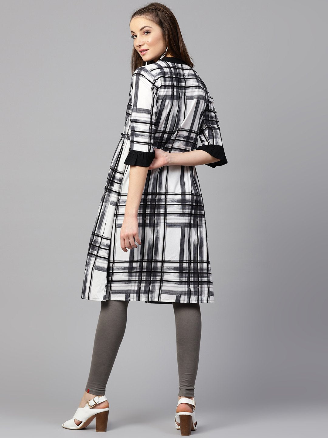 Black Check 3/4Th Sleeve Front Open Kurta | LASVINI - Redefining Indian Fashion with Elegance