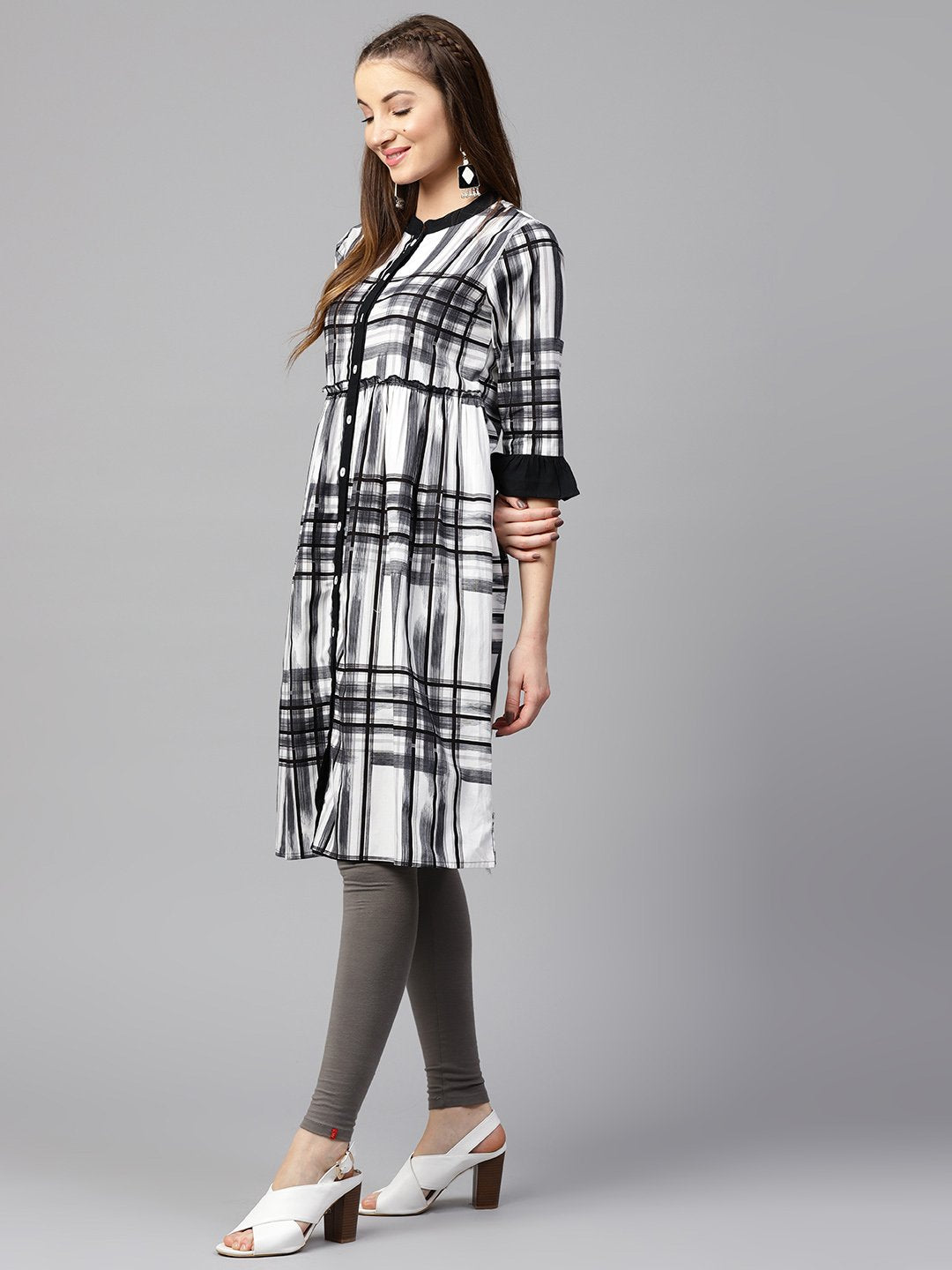 Black Check 3/4Th Sleeve Front Open Kurta | LASVINI - Redefining Indian Fashion with Elegance