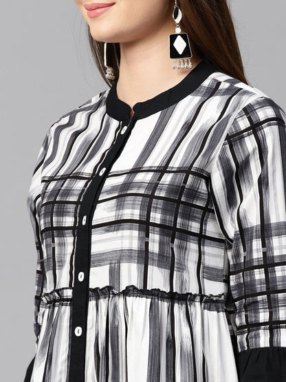Black Check 3/4Th Sleeve Front Open Kurta | LASVINI - Redefining Indian Fashion with Elegance