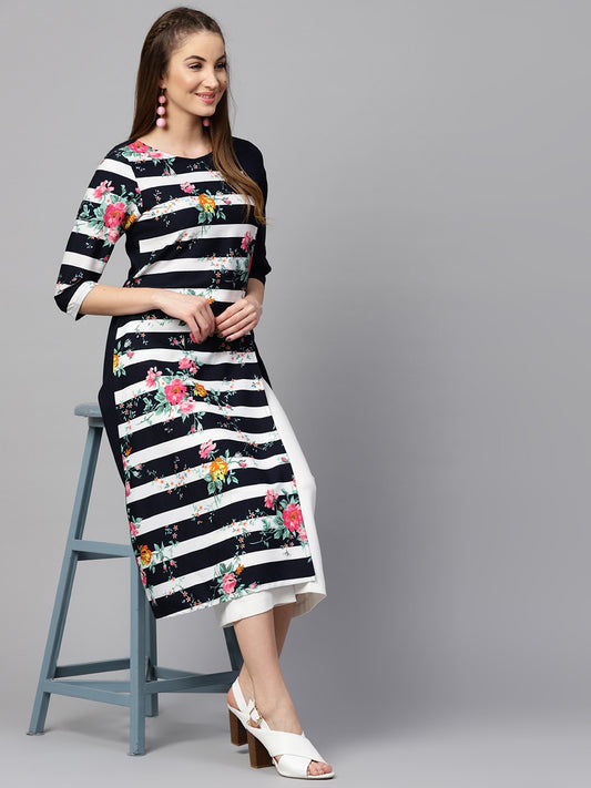 Blue 3/4Th Sleeve Crepe Floral Printed Kurta | LASVINI - Redefining Indian Fashion with Elegance