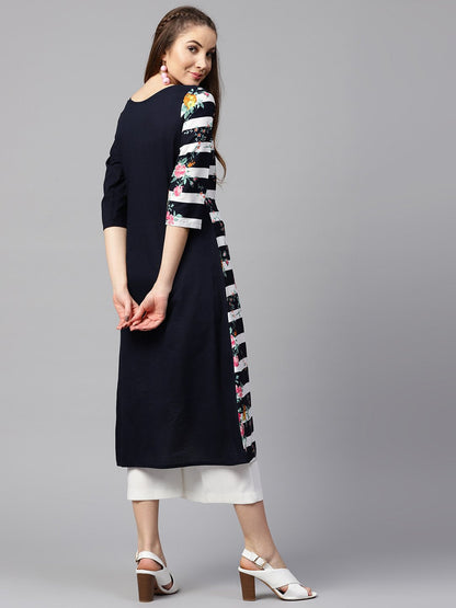 Blue 3/4Th Sleeve Crepe Floral Printed Kurta | LASVINI - Redefining Indian Fashion with Elegance