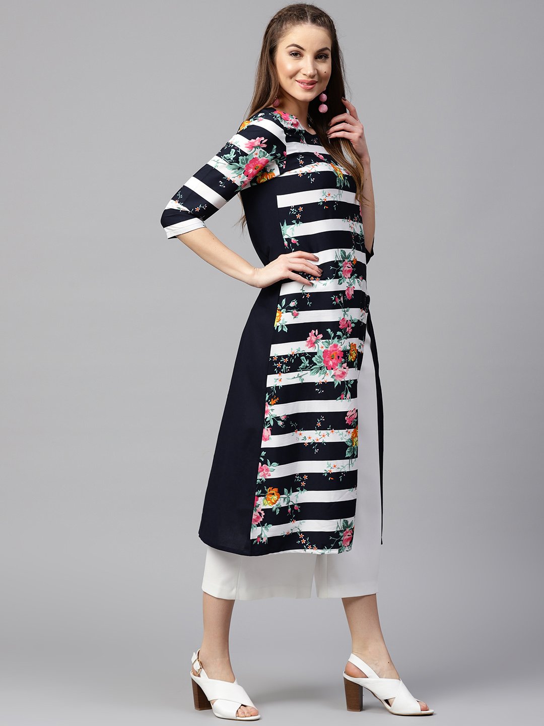 Blue 3/4Th Sleeve Crepe Floral Printed Kurta | LASVINI - Redefining Indian Fashion with Elegance