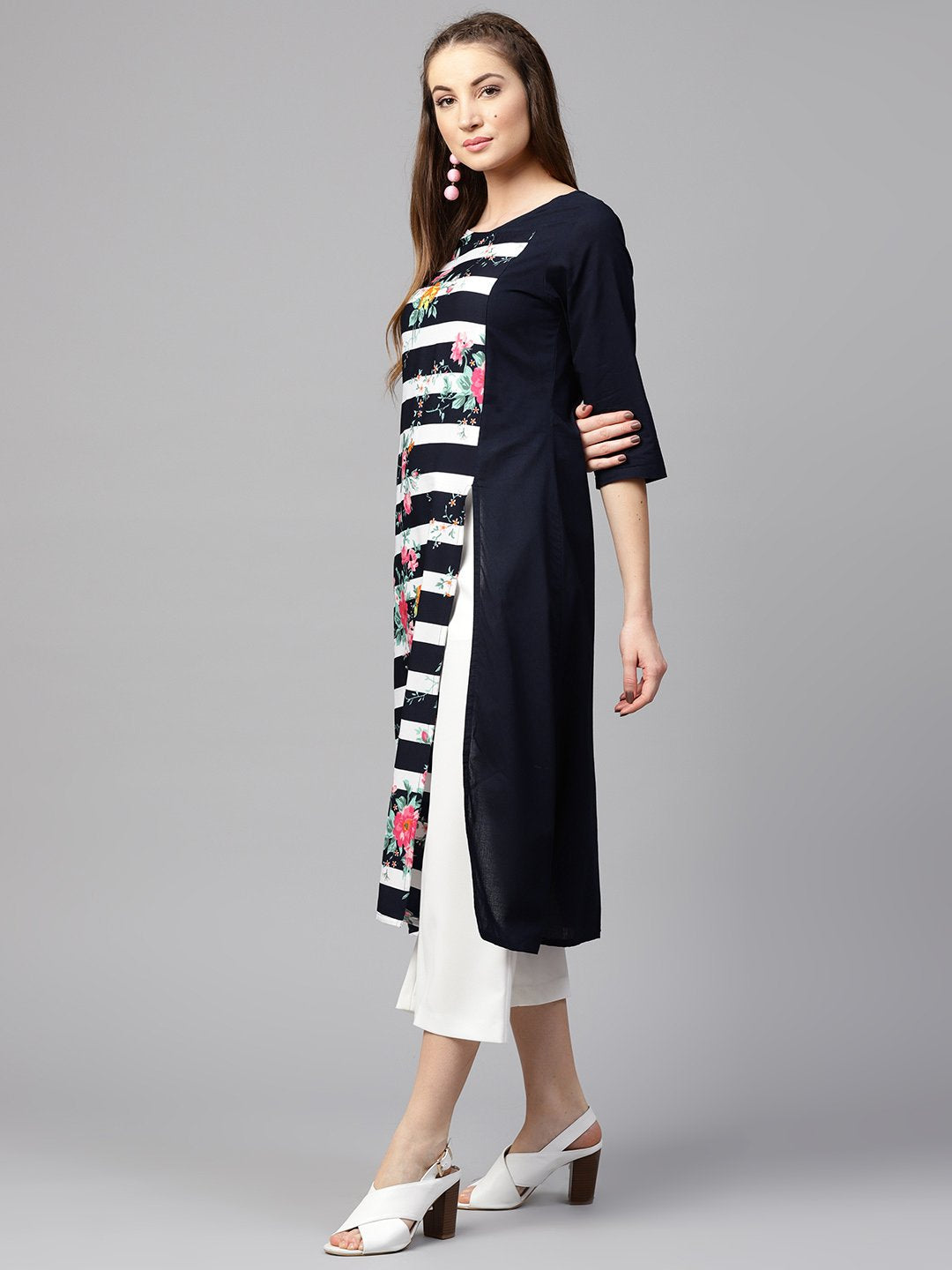 Blue 3/4Th Sleeve Crepe Floral Printed Kurta | LASVINI - Redefining Indian Fashion with Elegance