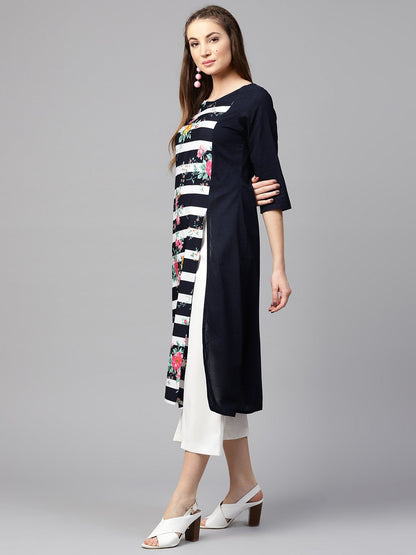 Blue 3/4Th Sleeve Crepe Floral Printed Kurta | LASVINI - Redefining Indian Fashion with Elegance