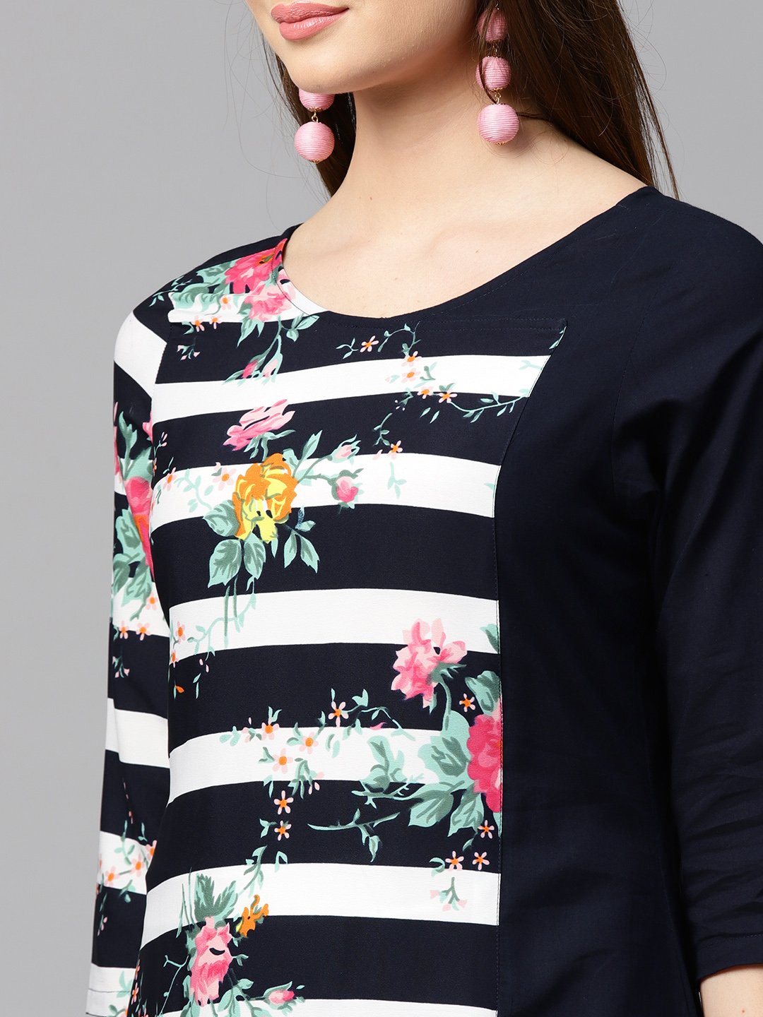 Blue 3/4Th Sleeve Crepe Floral Printed Kurta | LASVINI - Redefining Indian Fashion with Elegance