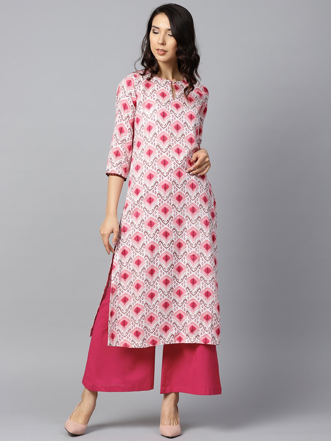 Pink Printed 3/4Th Sleeve Cotton Kurta With Solid Pink Palazzo | LASVINI - Redefining Indian Fashion with Elegance