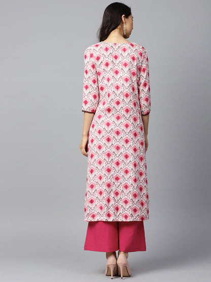 Pink Printed 3/4Th Sleeve Cotton Kurta With Solid Pink Palazzo | LASVINI - Redefining Indian Fashion with Elegance