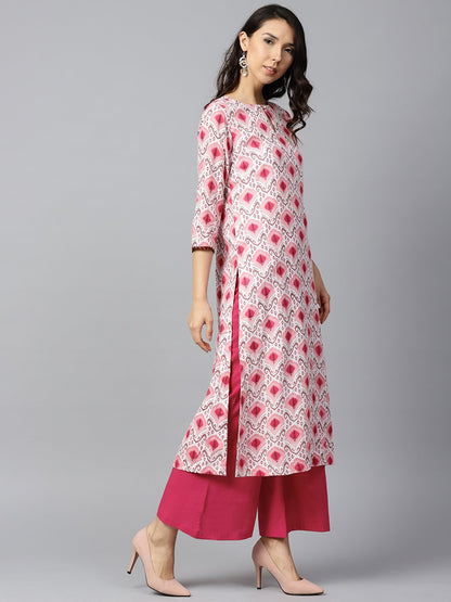 Pink Printed 3/4Th Sleeve Cotton Kurta With Solid Pink Palazzo | LASVINI - Redefining Indian Fashion with Elegance