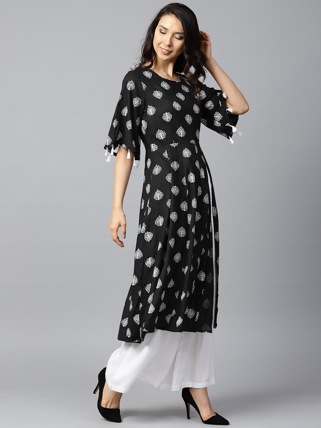 Black Printed 3/4Th Sleeve High Slit Cotton A-Line Kurta With Off White Palazzo | LASVINI - Redefining Indian Fashion with Elegance