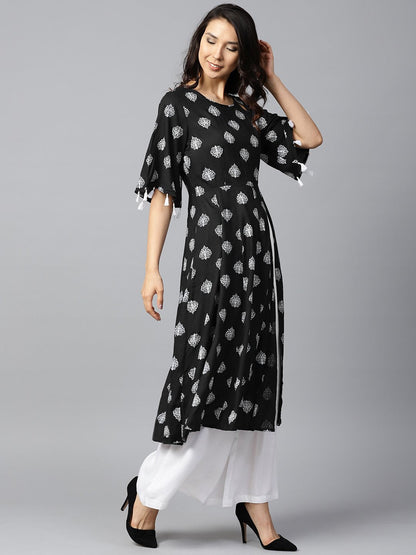 Black Printed 3/4Th Sleeve High Slit Cotton A-Line Kurta With Off White Palazzo | LASVINI - Redefining Indian Fashion with Elegance
