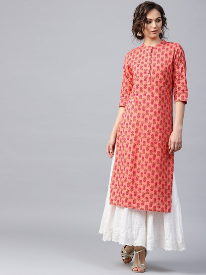 Peach Printed 3/4Th Sleeve Cotton Straight Kurta | LASVINI - Redefining Indian Fashion with Elegance