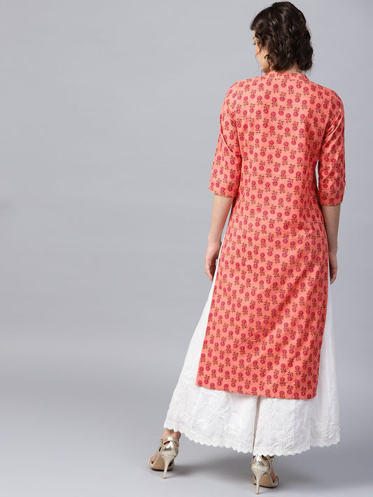Peach Printed 3/4Th Sleeve Cotton Straight Kurta | LASVINI - Redefining Indian Fashion with Elegance