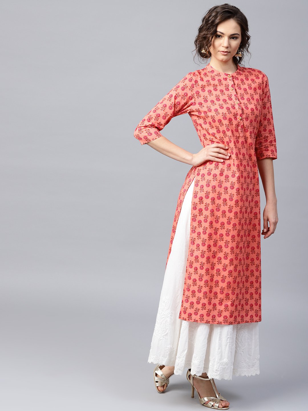 Peach Printed 3/4Th Sleeve Cotton Straight Kurta | LASVINI - Redefining Indian Fashion with Elegance