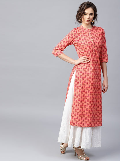 Peach Printed 3/4Th Sleeve Cotton Straight Kurta | LASVINI - Redefining Indian Fashion with Elegance