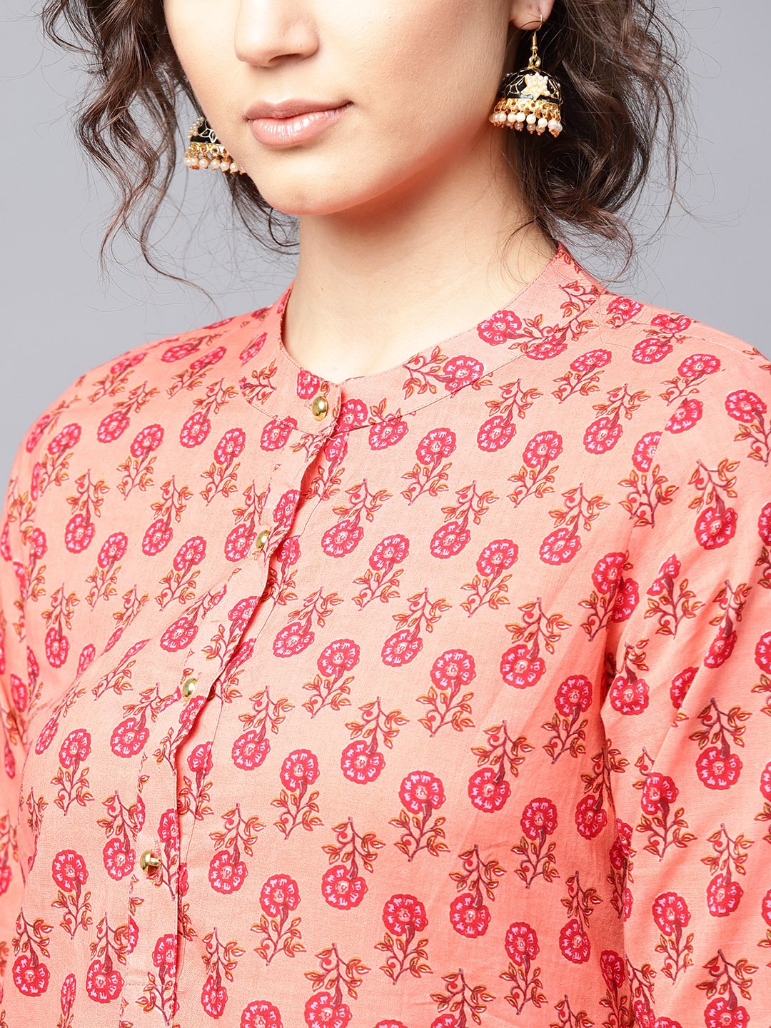 Peach Printed 3/4Th Sleeve Cotton Straight Kurta | LASVINI - Redefining Indian Fashion with Elegance