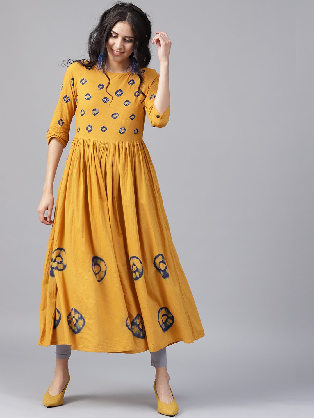 Mustard 3/4Th Sleeve Cotton Block Printed Anarkali Kurta | LASVINI - Redefining Indian Fashion with Elegance