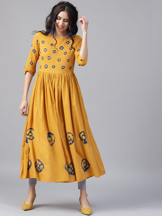 Mustard 3/4Th Sleeve Cotton Block Printed Anarkali Kurta | LASVINI - Redefining Indian Fashion with Elegance