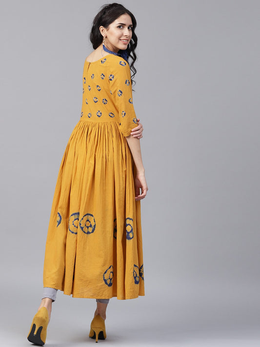 Mustard 3/4Th Sleeve Cotton Block Printed Anarkali Kurta | LASVINI - Redefining Indian Fashion with Elegance