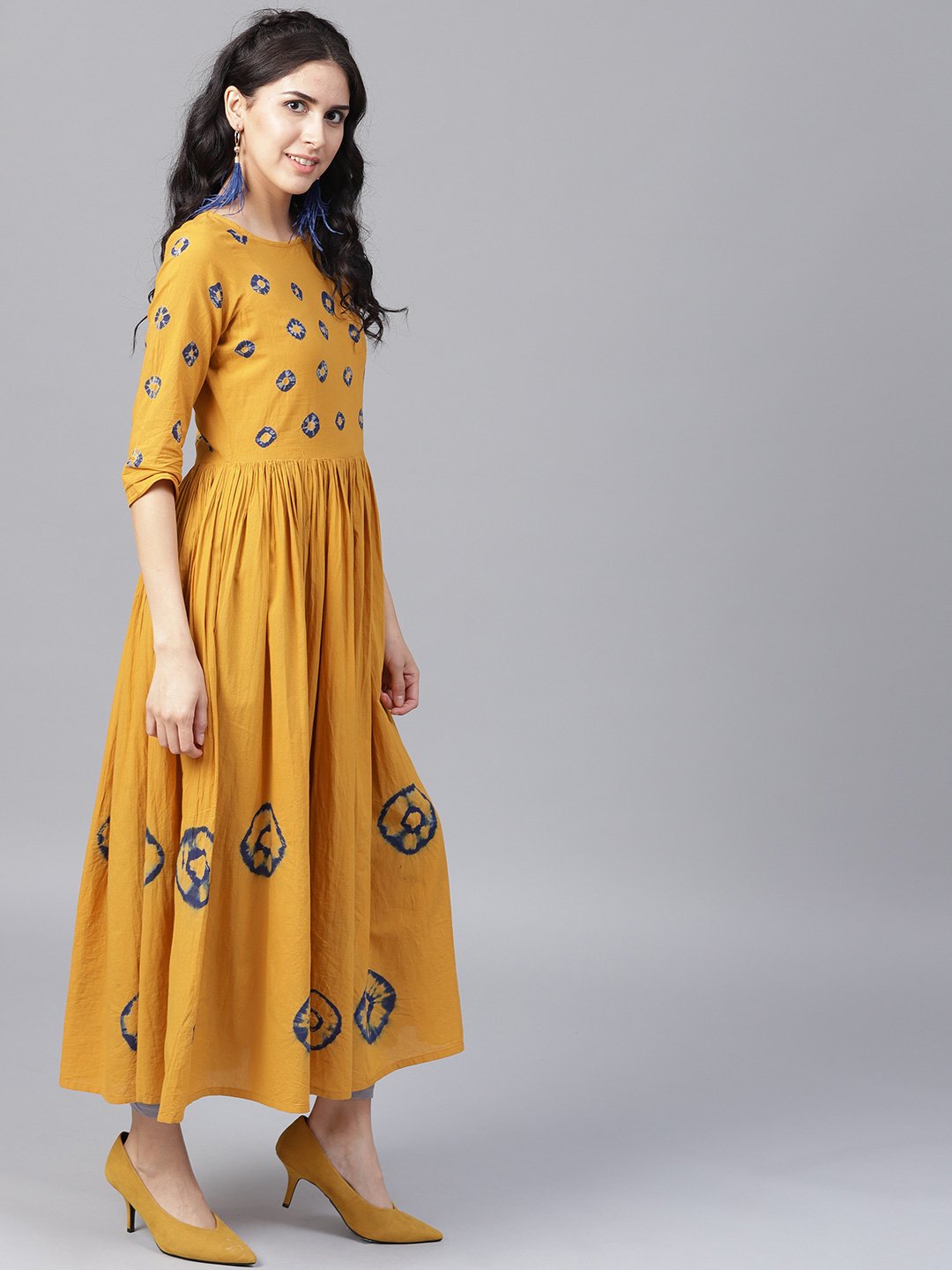 Mustard 3/4Th Sleeve Cotton Block Printed Anarkali Kurta | LASVINI - Redefining Indian Fashion with Elegance