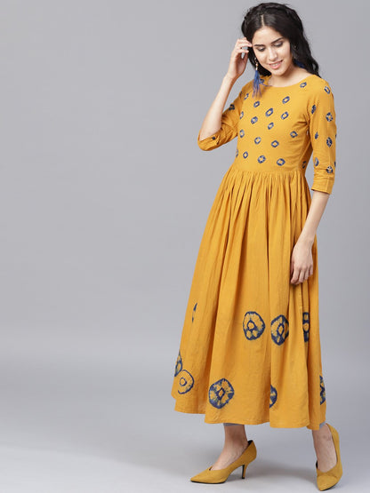 Mustard 3/4Th Sleeve Cotton Block Printed Anarkali Kurta | LASVINI - Redefining Indian Fashion with Elegance