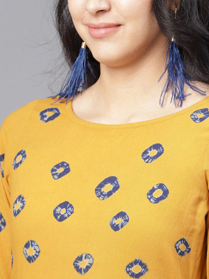 Mustard 3/4Th Sleeve Cotton Block Printed Anarkali Kurta | LASVINI - Redefining Indian Fashion with Elegance