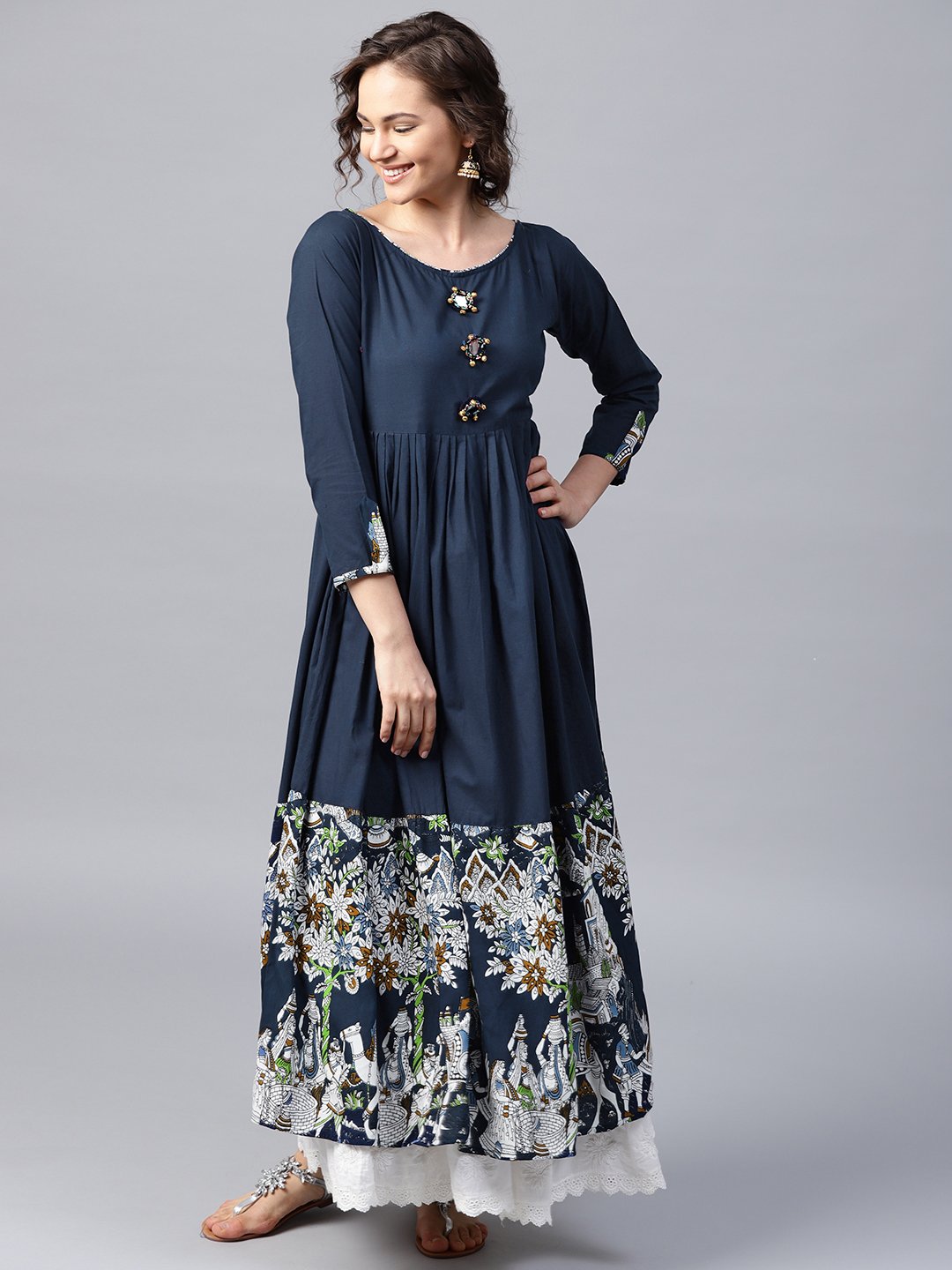 Blue 3/4Th Sleeve Cotton Border Printed Anarkali Kurta | LASVINI - Redefining Indian Fashion with Elegance