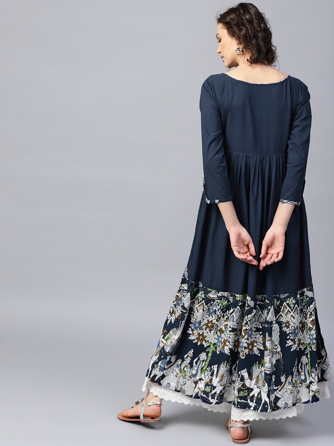 Blue 3/4Th Sleeve Cotton Border Printed Anarkali Kurta | LASVINI - Redefining Indian Fashion with Elegance