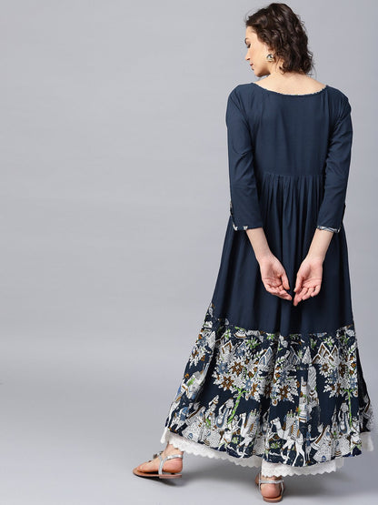 Blue 3/4Th Sleeve Cotton Border Printed Anarkali Kurta | LASVINI - Redefining Indian Fashion with Elegance