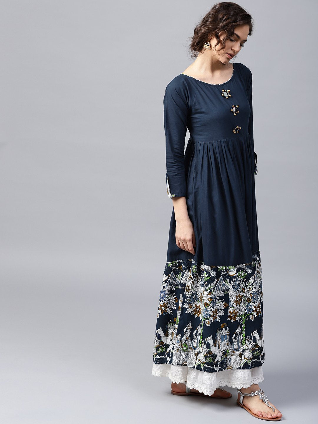 Blue 3/4Th Sleeve Cotton Border Printed Anarkali Kurta | LASVINI - Redefining Indian Fashion with Elegance