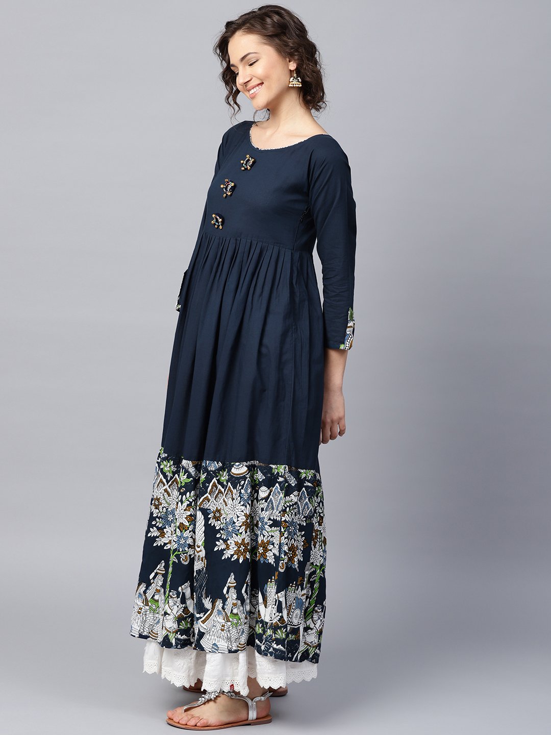 Blue 3/4Th Sleeve Cotton Border Printed Anarkali Kurta | LASVINI - Redefining Indian Fashion with Elegance