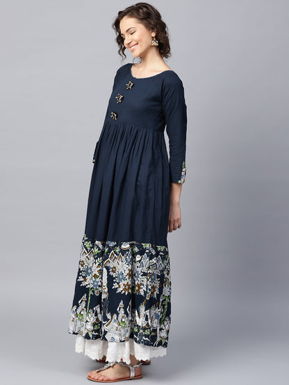 Blue 3/4Th Sleeve Cotton Border Printed Anarkali Kurta | LASVINI - Redefining Indian Fashion with Elegance