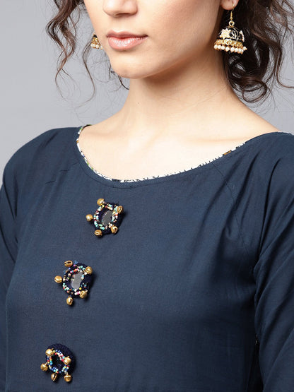 Blue 3/4Th Sleeve Cotton Border Printed Anarkali Kurta | LASVINI - Redefining Indian Fashion with Elegance