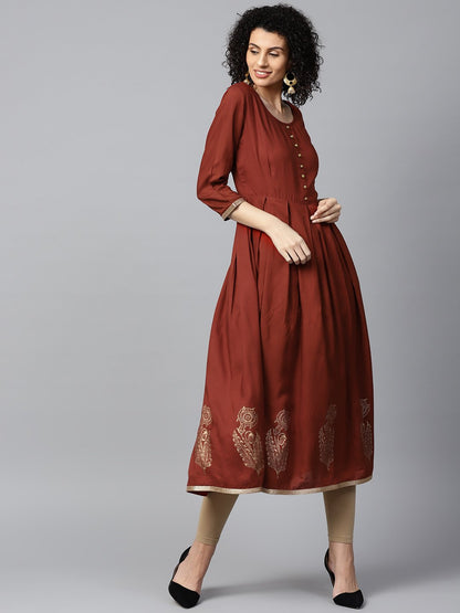 Maroon Block Printed 3/4Th Sleeve Cotton Anarkali Kurta | LASVINI - Redefining Indian Fashion with Elegance